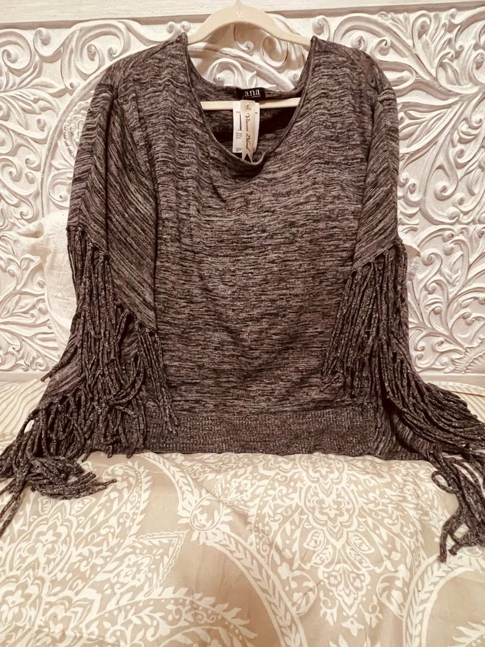 a.n.a Black Marled Fringe Sleeve Pullover